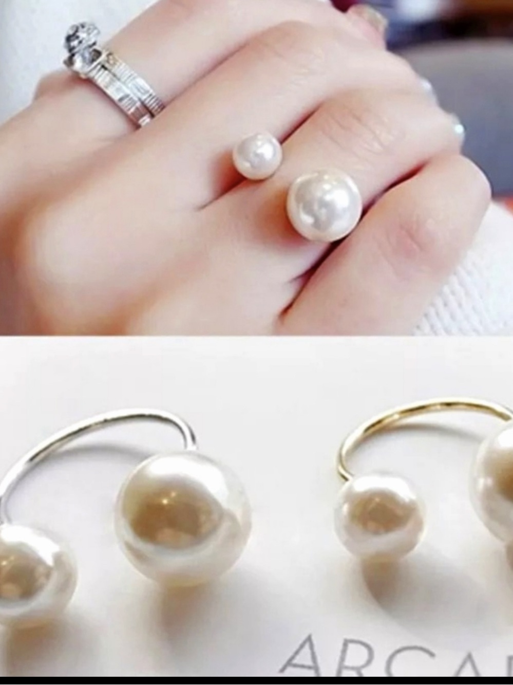 Silver & Gold Faux Pearl Adjustable Rings NWT - Picture 3 of 6